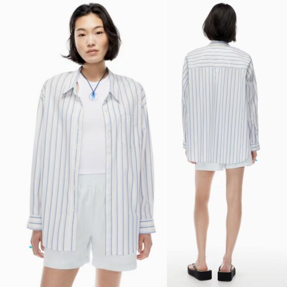 WILFRED FREE ARITZIA Relaxed Shirt Organic Cotton Button Up Blue Stripe Size M - Picture 1 of 8